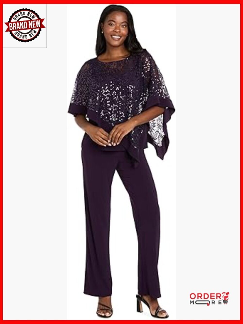 2-Pc Sequin Lace Poncho & Pants Set. Cape Sleeve. Pull On. Adult Women's 12